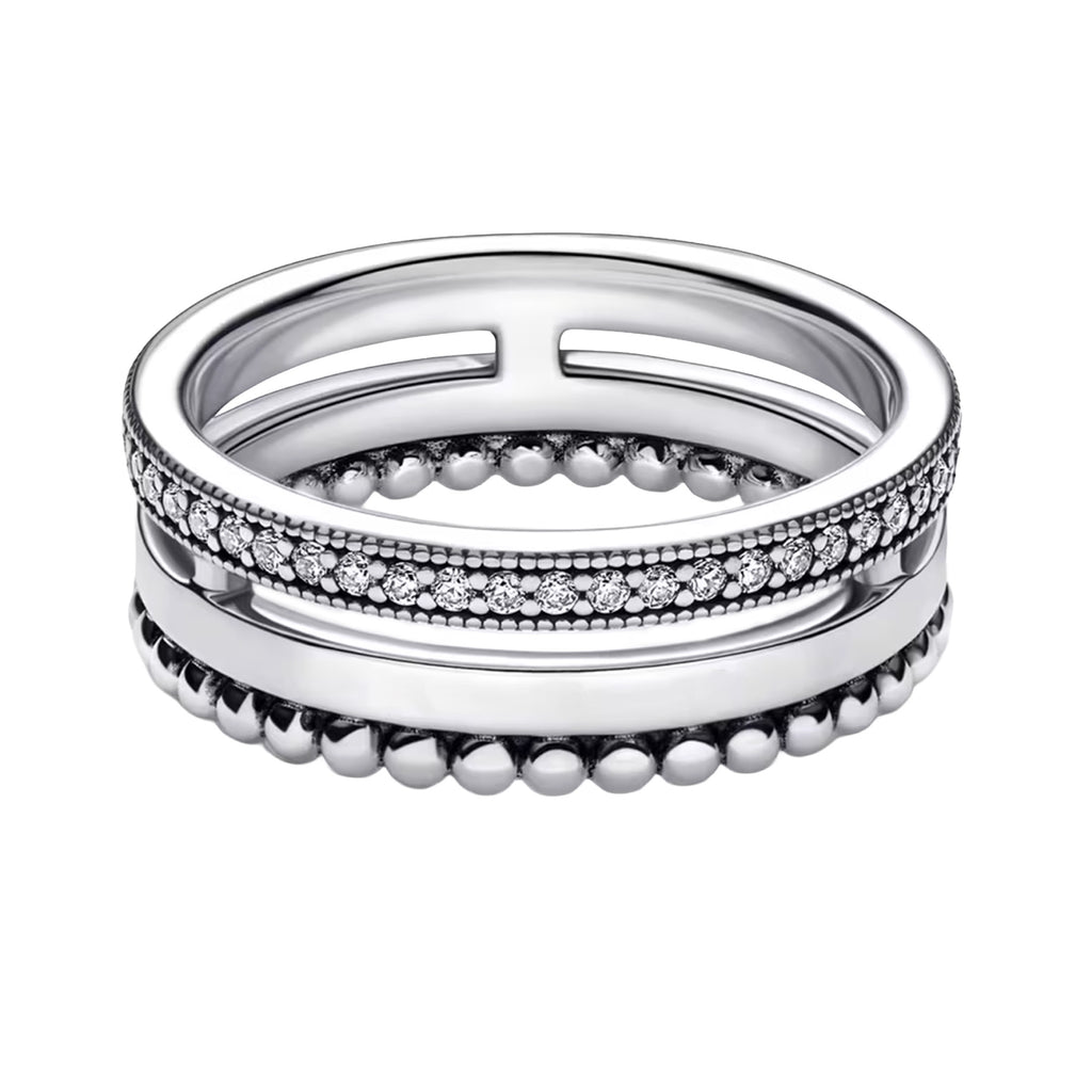 Anillo Inspirado Pan 1.1 Triple Banda, Lisa, Bolitas y Micro Circonias Plata .925