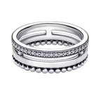 Anillo Inspirado Pan 1.1 Triple Banda, Lisa, Bolitas y Micro Circonias Plata .925