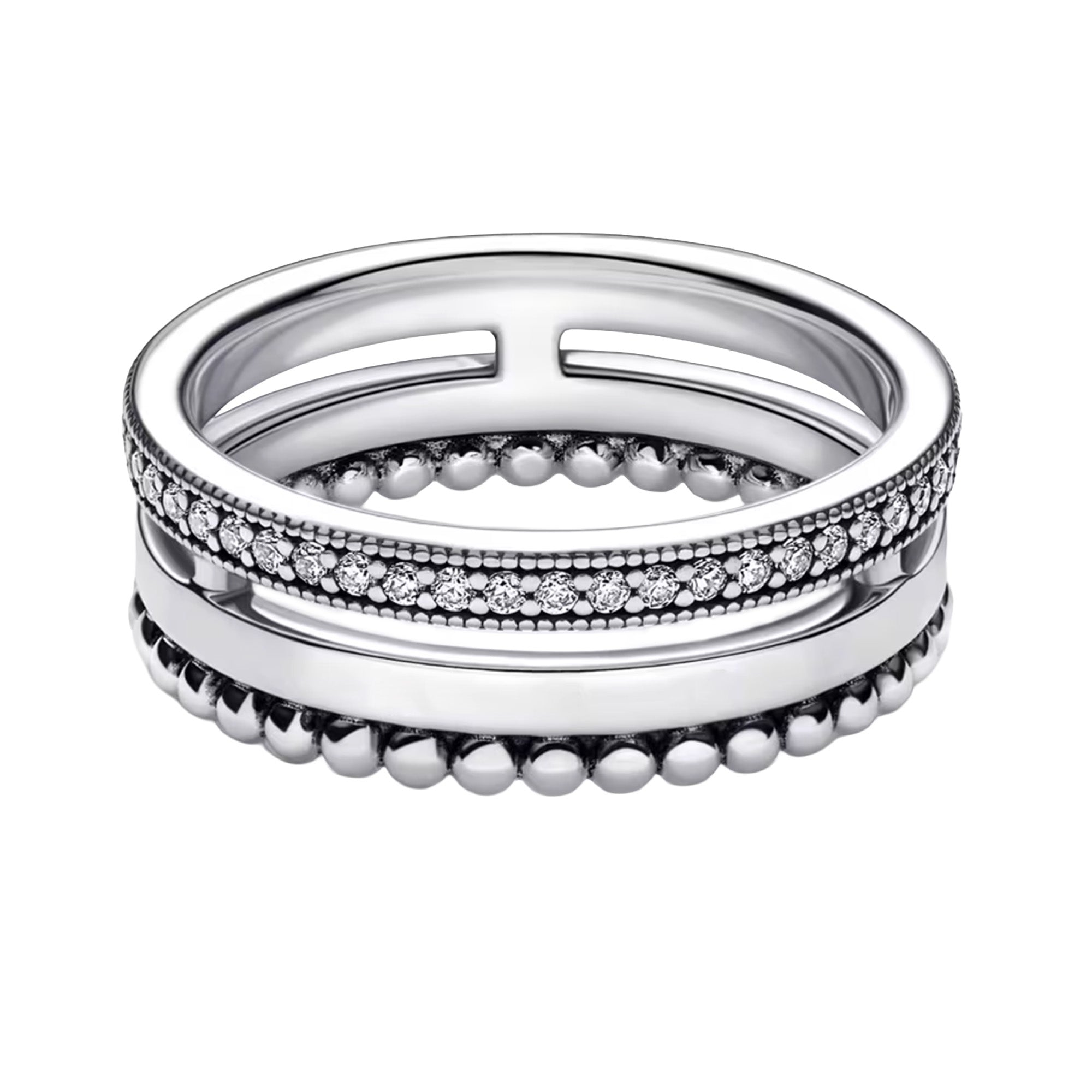 Anillo Inspirado Pan 1.1 Triple Banda, Lisa, Bolitas y Micro Circonias Plata .925