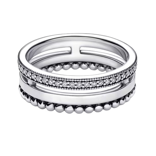 Anillo Inspirado Pan 1.1 Triple Banda, Lisa, Bolitas y Micro Circonias Plata .925