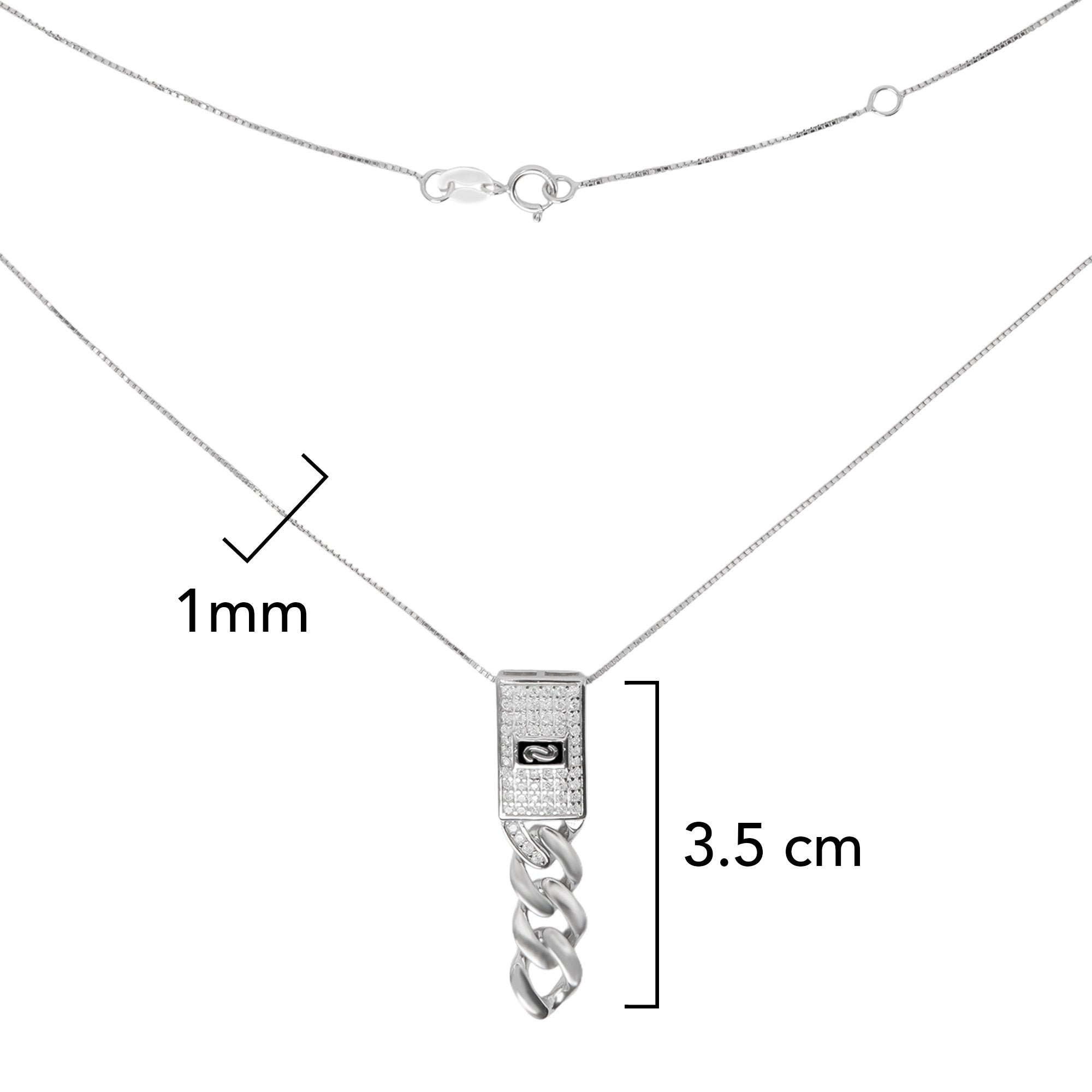 Collar Corbatero Inspirado Mónaco 50 cm con Cadena Box y Dije Horizontal con Circonias. Plata 925 con Baño de Rodio