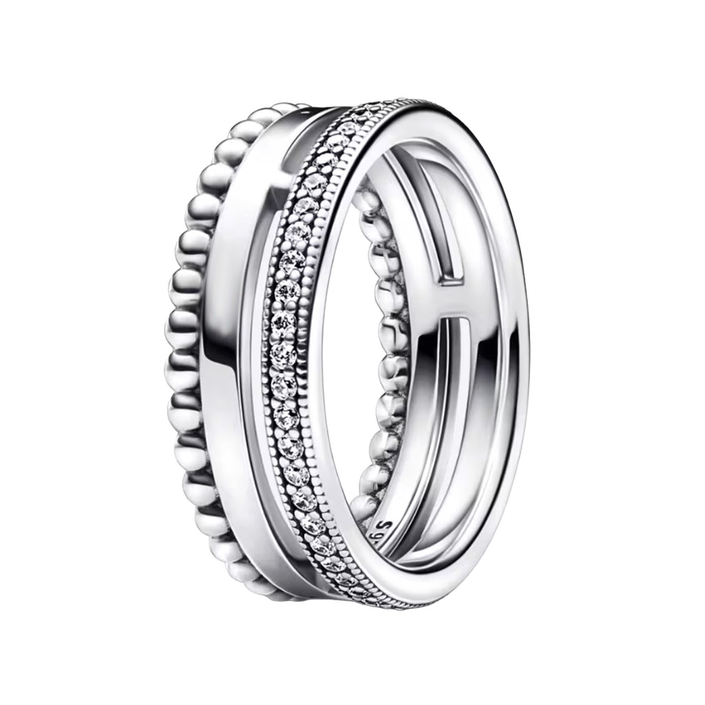 Anillo Inspirado Pan 1.1 Triple Banda, Lisa, Bolitas y Micro Circonias Plata .925