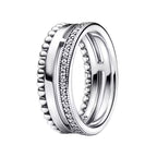 Anillo Inspirado Pan 1.1 Triple Banda, Lisa, Bolitas y Micro Circonias Plata .925
