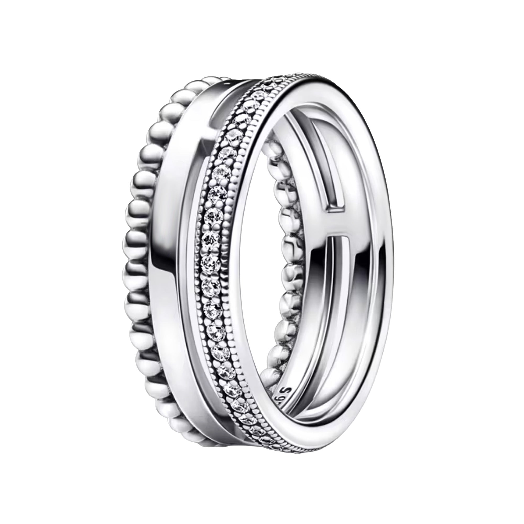 Anillo Inspirado Pan 1.1 Triple Banda, Lisa, Bolitas y Micro Circonias Plata .925
