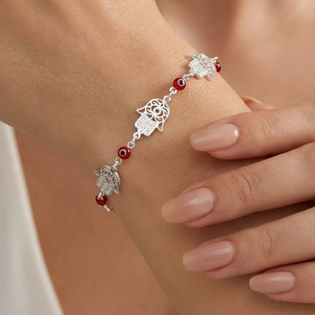 Pulsera Mano de Fatima con Ojo Turco Plata .925