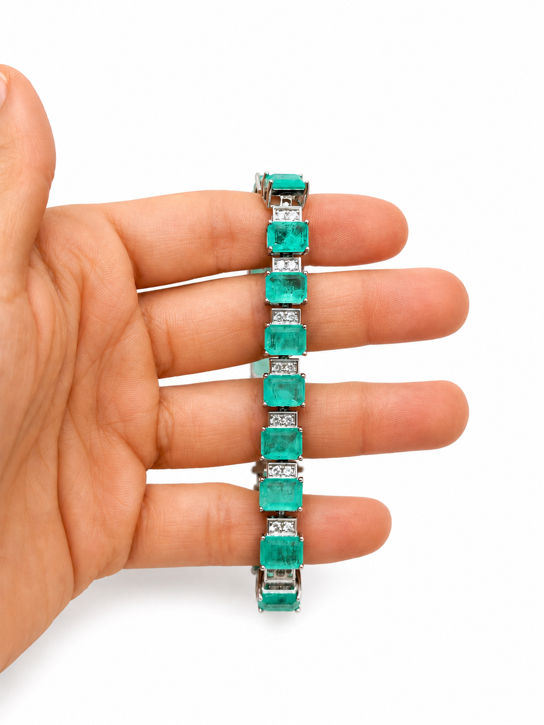 Pulsera Turmalina Verde Claro Rectángulos con Circonias Blancas 7mm de ancho, Plata .925 con Baño de Rodio