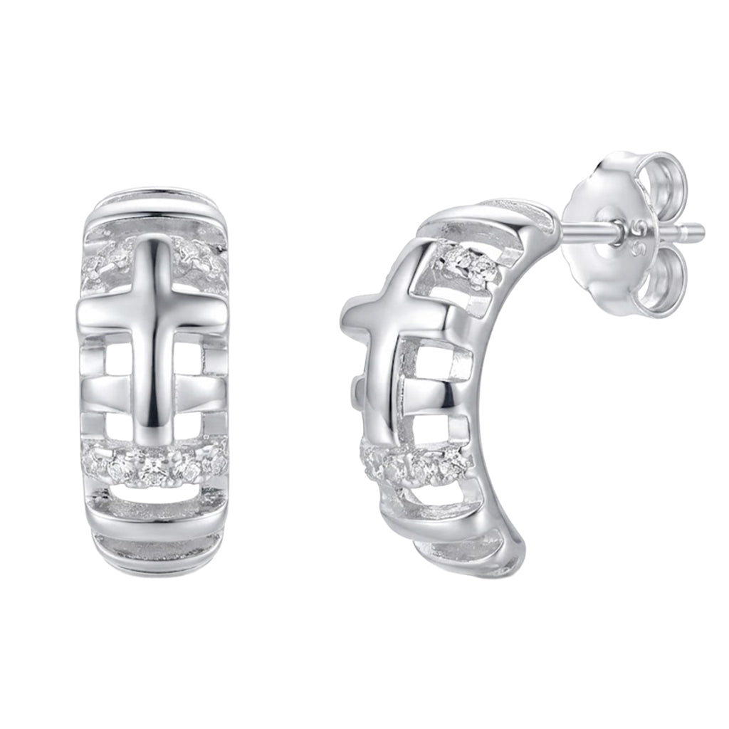 Arracada Cruz Lisa con Micro Circonias Plata .925 con Baño de Rodio