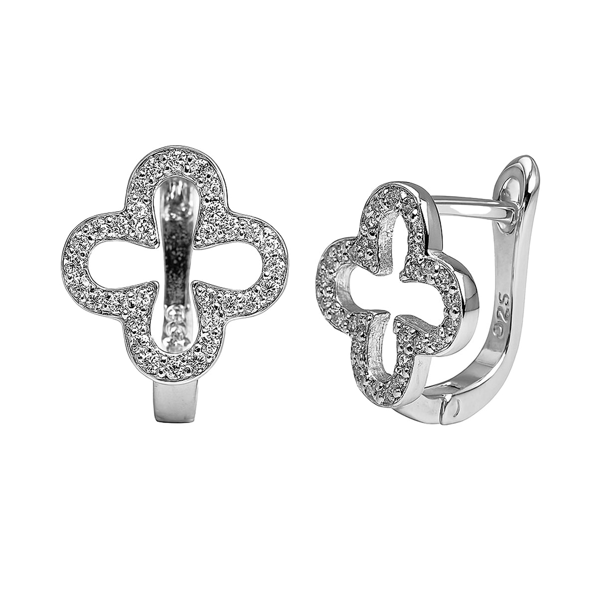 Arete Huggies Flor Inspirado Van C Silueta con Micro Circonias Plata .925 con Baño de Rodio