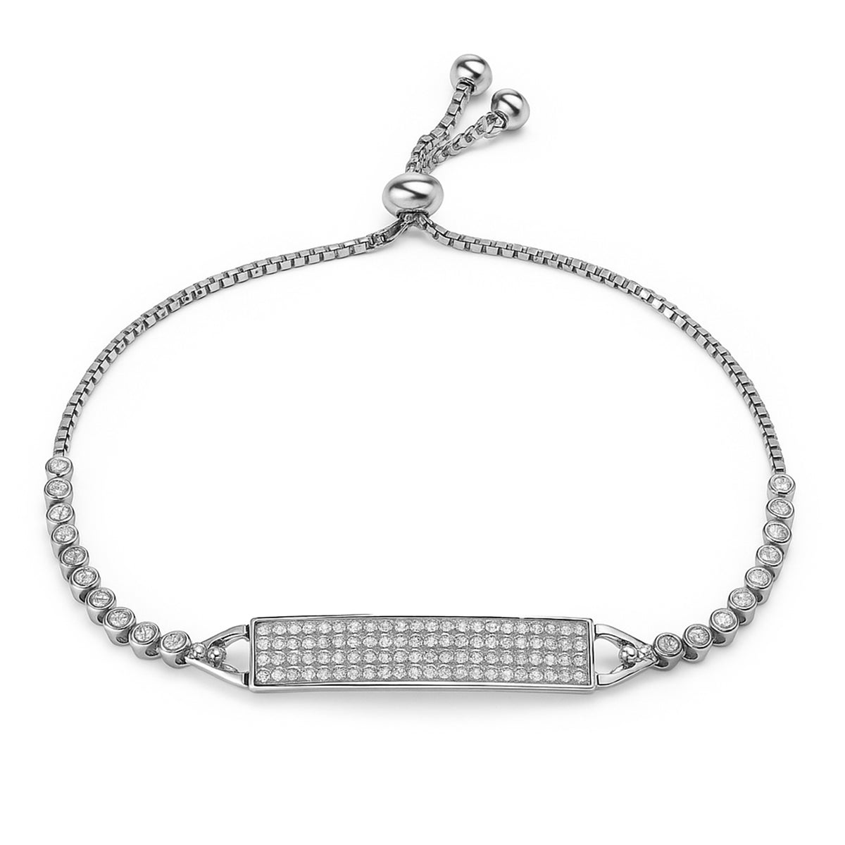 Pulsera con Placa de Micro Circonias Ajustable Plata .925 con Rodio