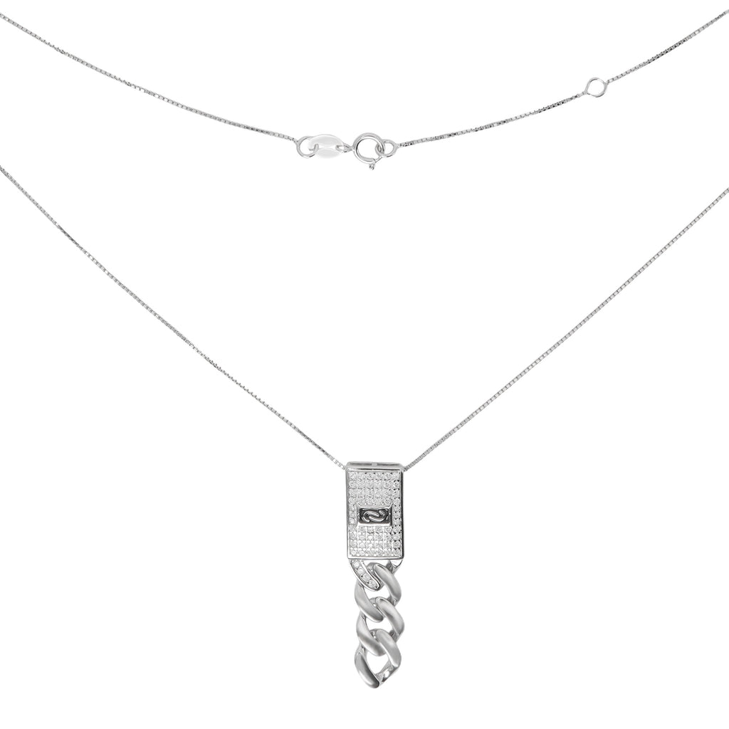Collar Corbatero Inspirado Mónaco 50 cm con Cadena Box y Dije Horizontal con Circonias. Plata 925 con Baño de Rodio
