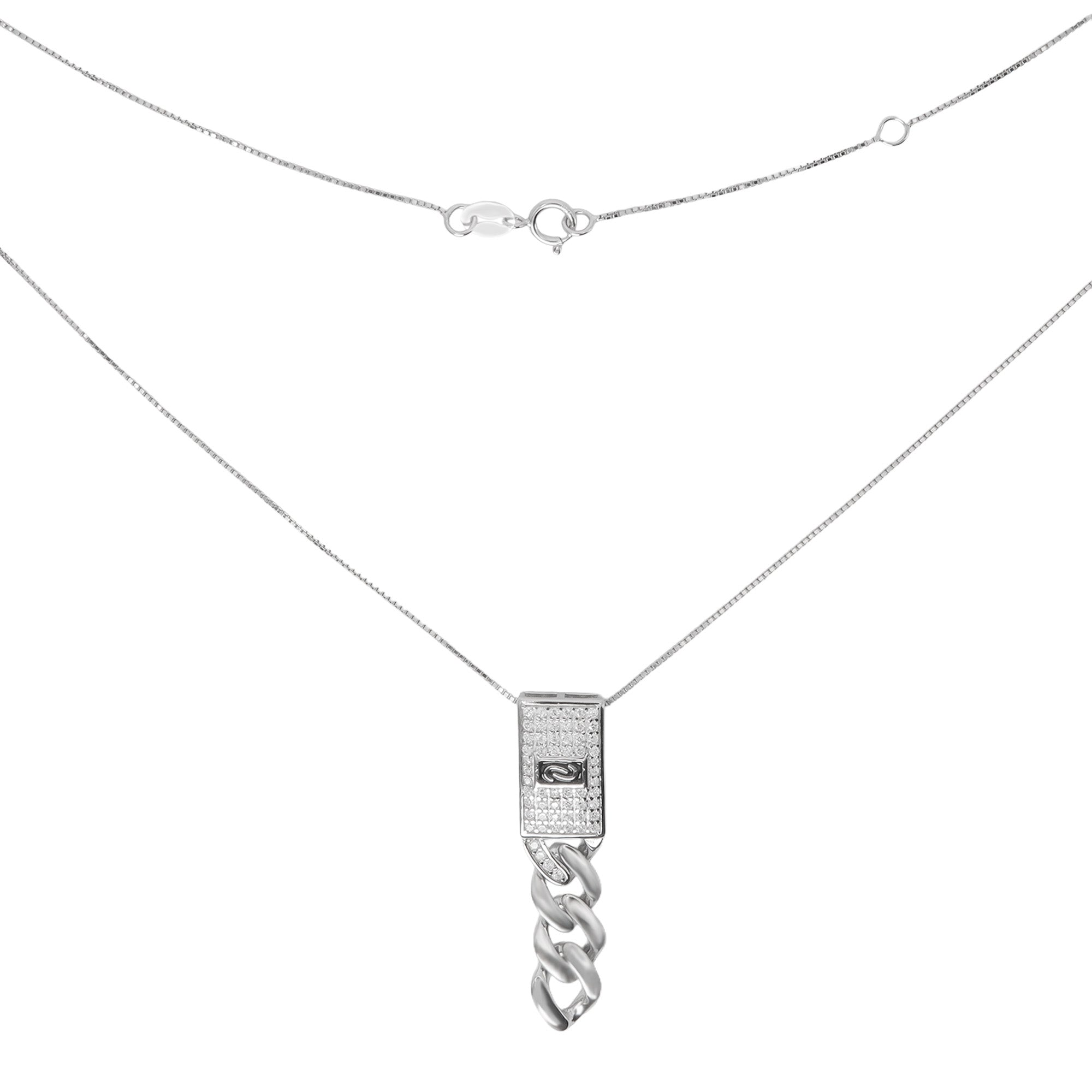 Collar Corbatero Inspirado Mónaco 50 cm con Cadena Box y Dije Horizontal con Circonias. Plata 925 con Baño de Rodio