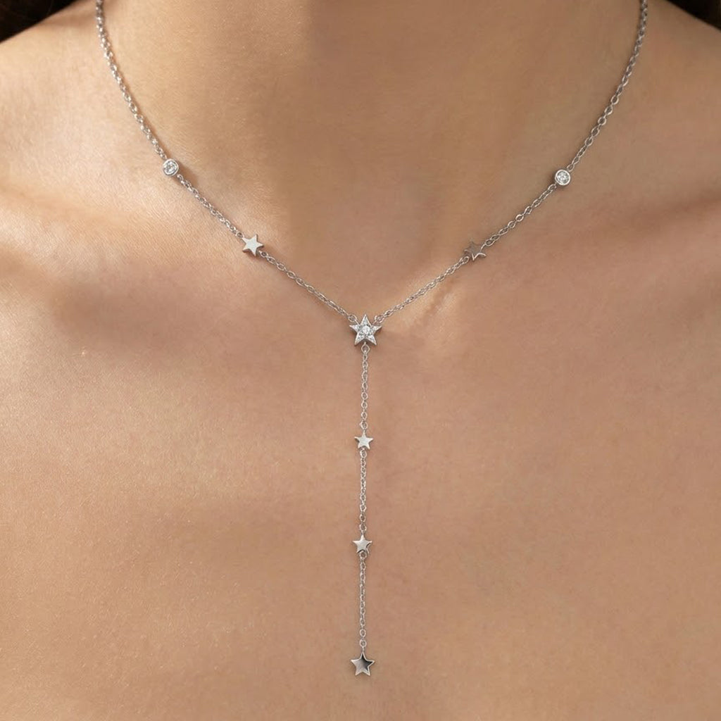Collar Corbatero Estrellas y Circonias Plata .925 con Baño de Rodio