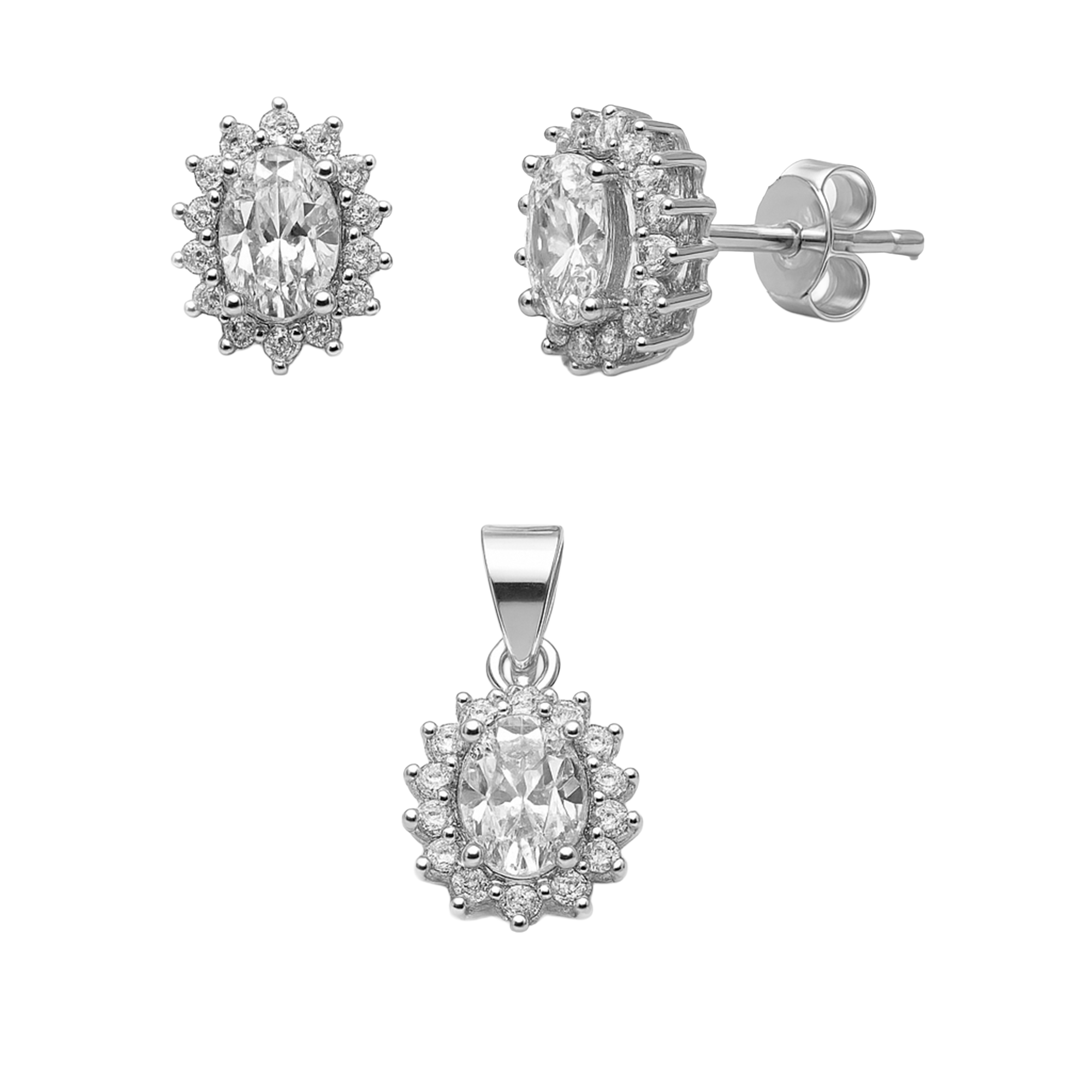 Juego Circonias en Forma de Flor con Micro Circonias Plata .925 con Baño de Rodio
