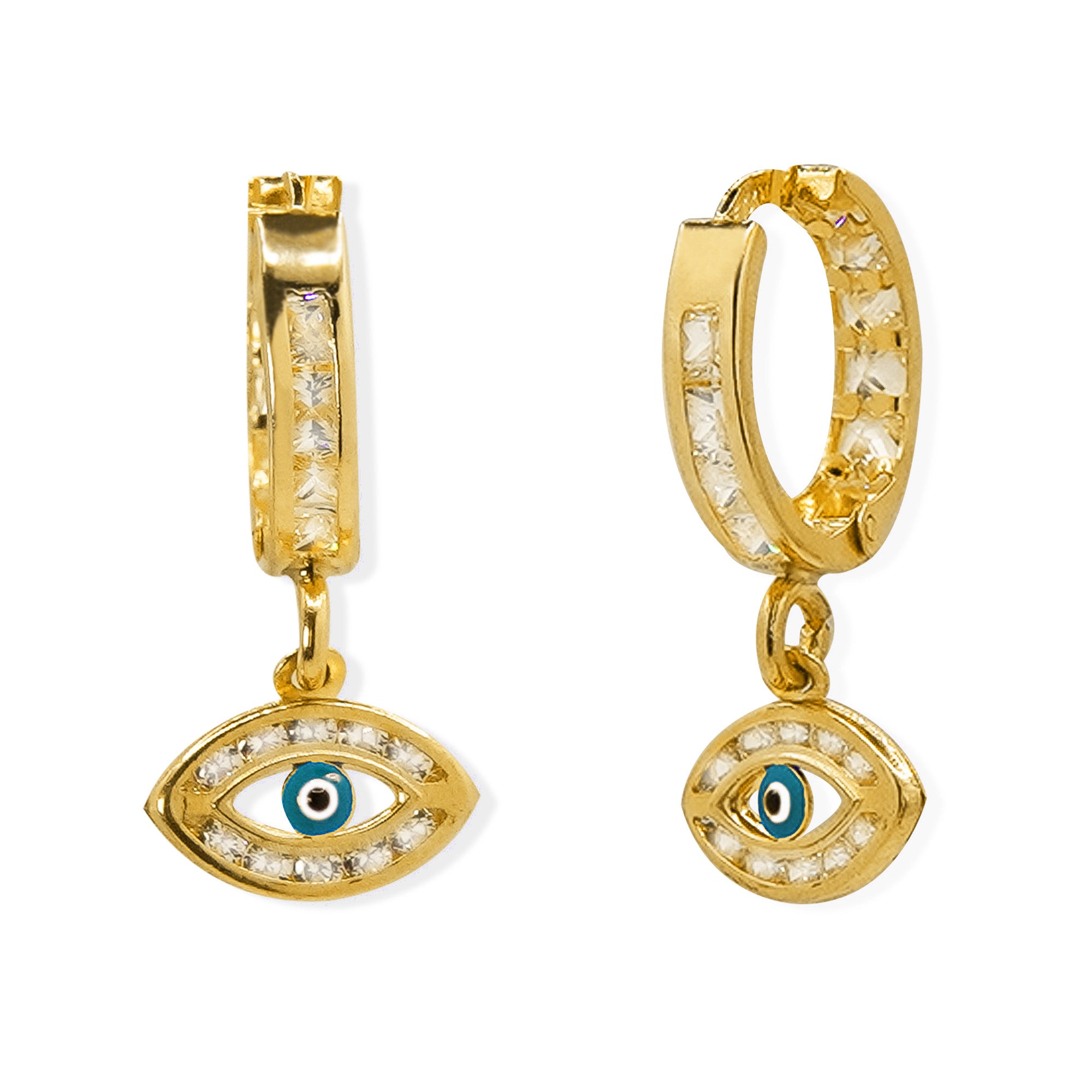 Arracada Huggies con Ojo Turco Azul y Micro Circonias Oro 10K. Oro Nacional