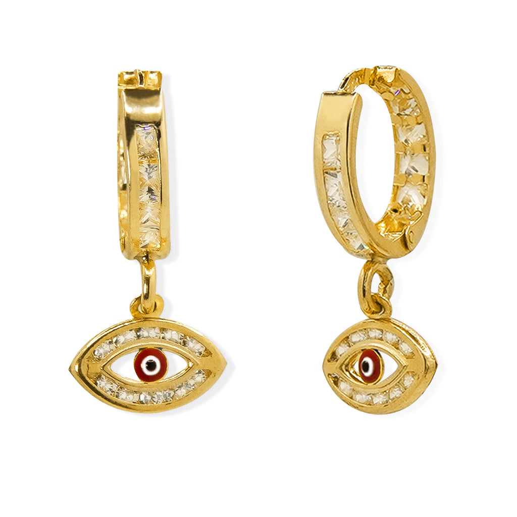 Arracada Huggies con Ojo Turco Rojo y Micro Circonias Oro 10K
