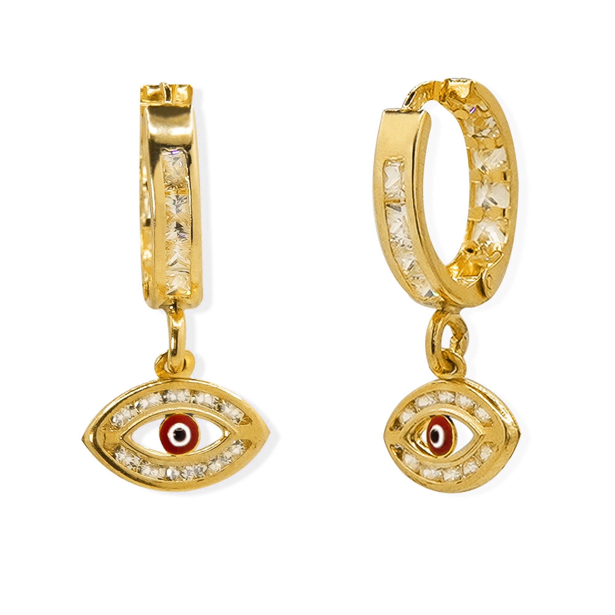 Arracada Huggies con Ojo Turco Rojo y Micro Circonias Oro 10K