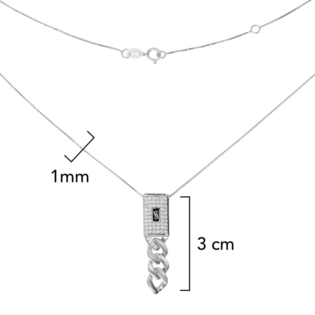 Collar Corbatero Inspirado Mónaco 45 cm con Dije Vertical Circonias, Cadena Box Plata .925 con Baño de Rodio