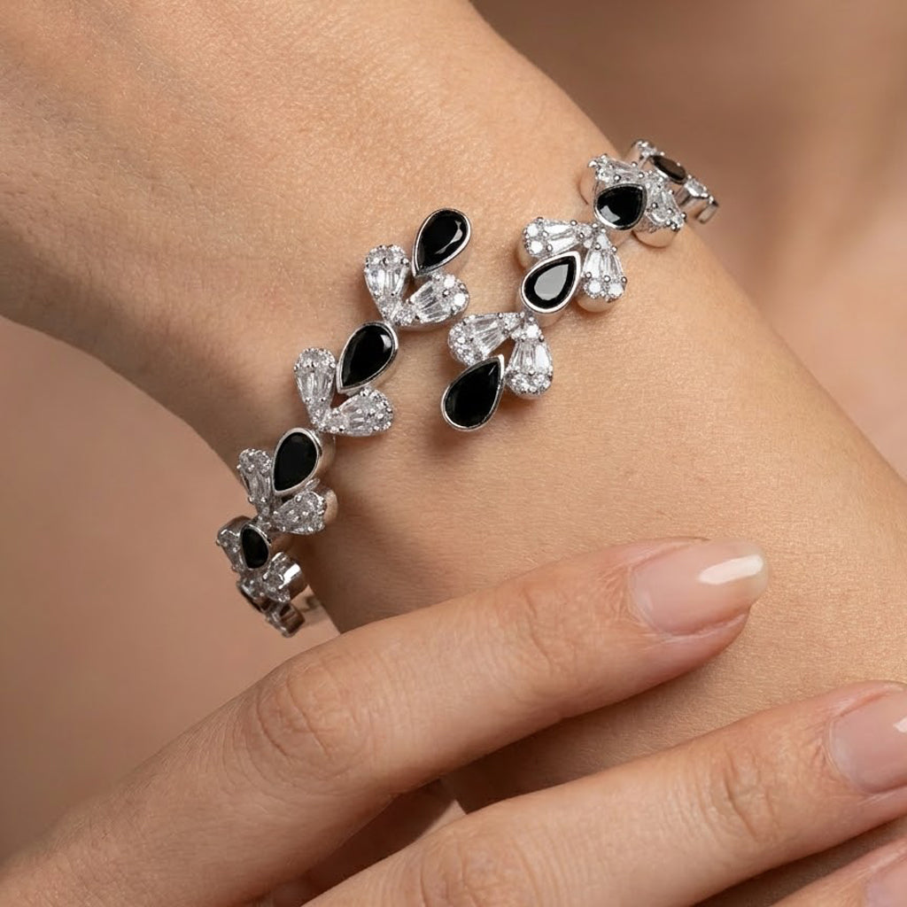 Brazalete Hojas con Piedras Naturales y Circonias Plata .925 con Baño de Rodio