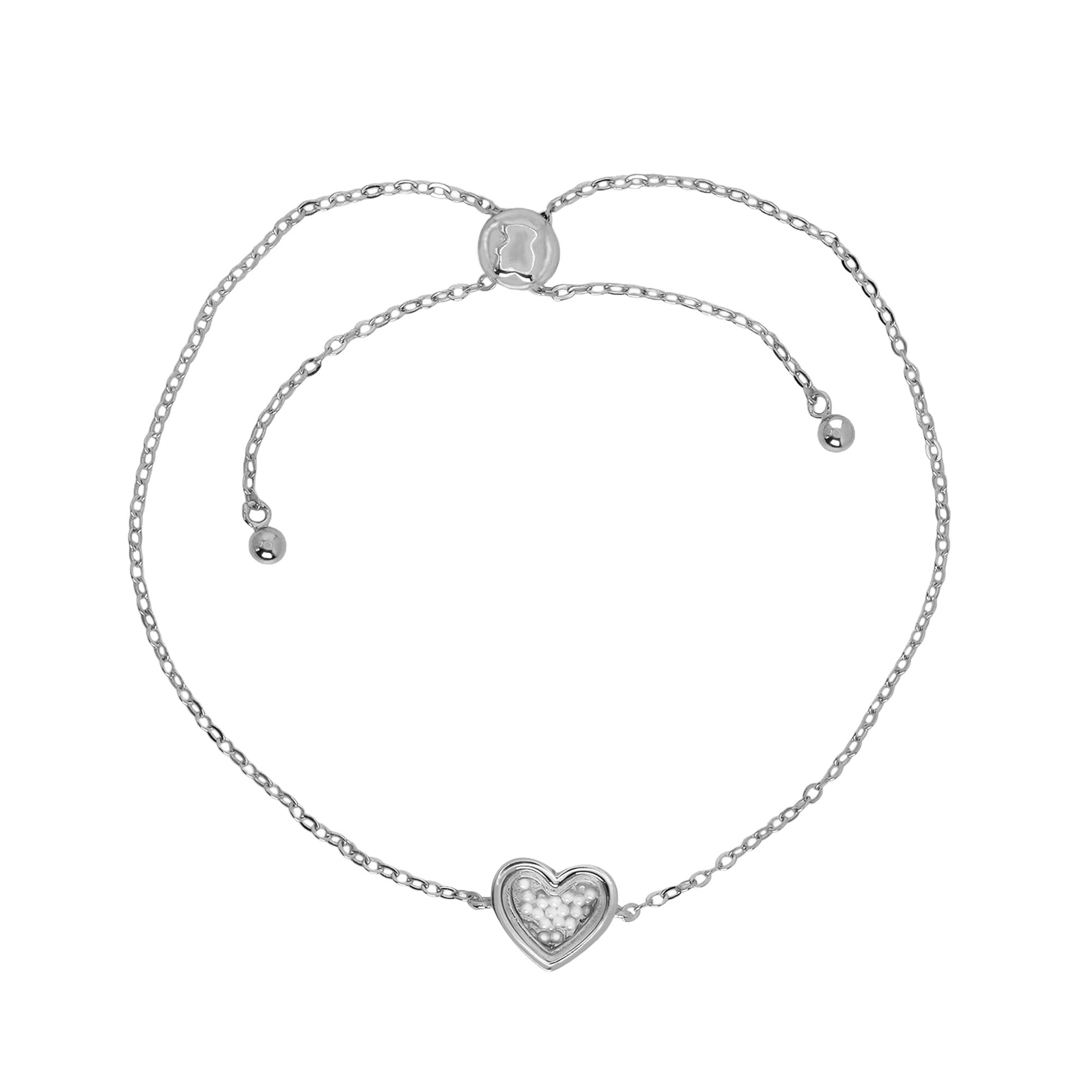 Pulsera Osos 1:1 Corazón Perlitas Movible, Ajustable Plata .925 con Baño de Rodio