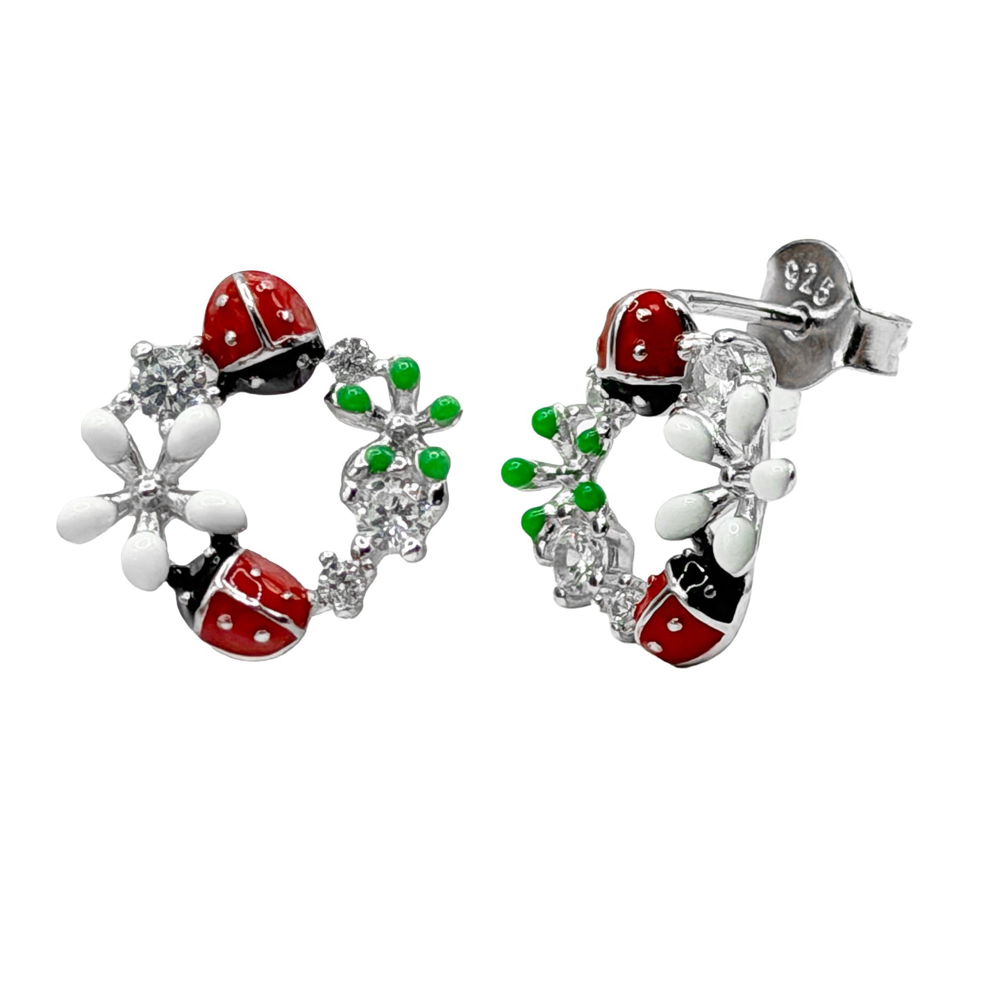 Arete Broquel Catarina y Flores Esmaltadas con Circonias Plata .925 con Baño de Rodio