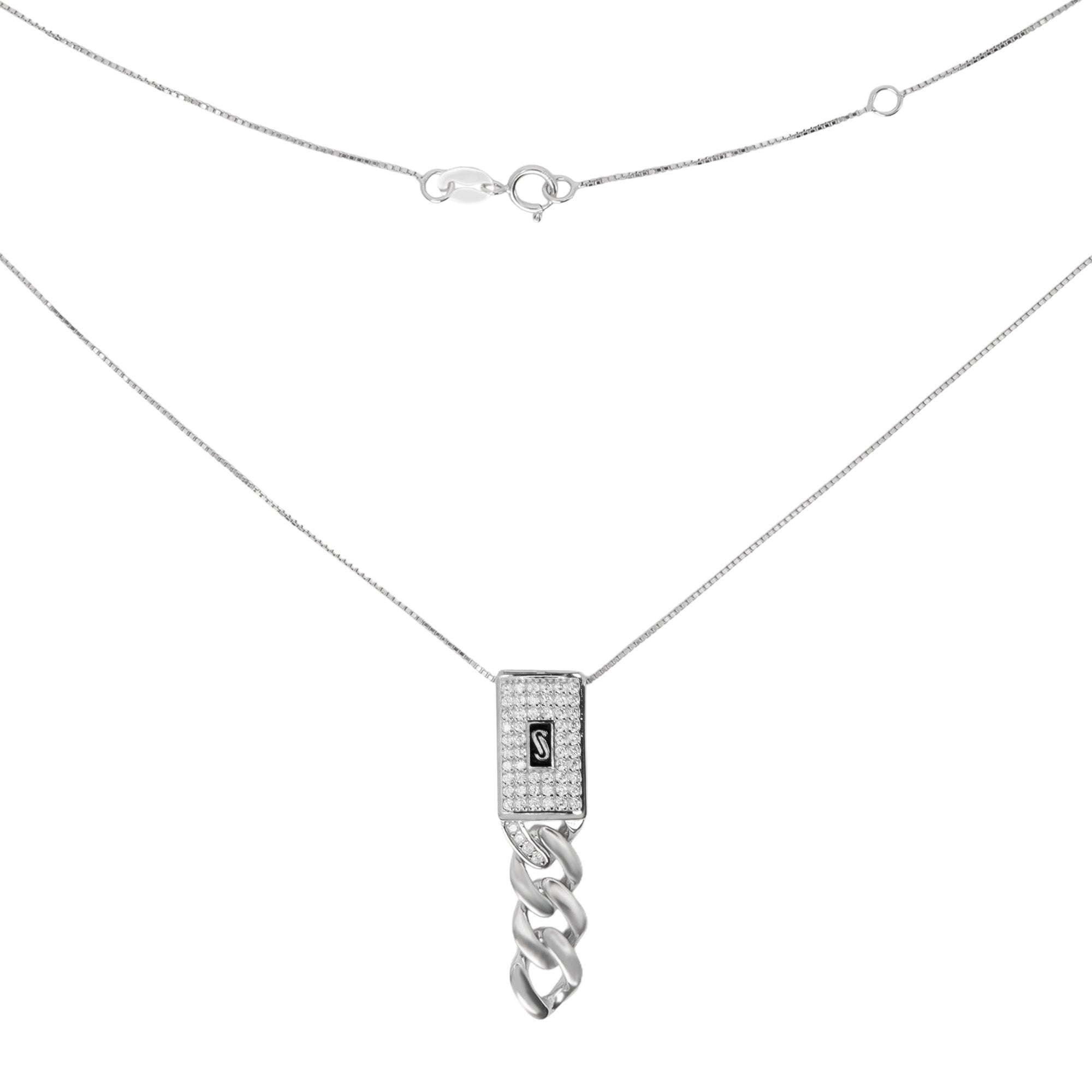 Collar Corbatero Inspirado Mónaco 45 cm con Dije Vertical Circonias, Cadena Box Plata .925 con Baño de Rodio