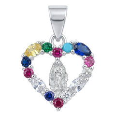 Dije Corazón con Virgen de Guadalupe y Circonias de 1.5cm Plata .925