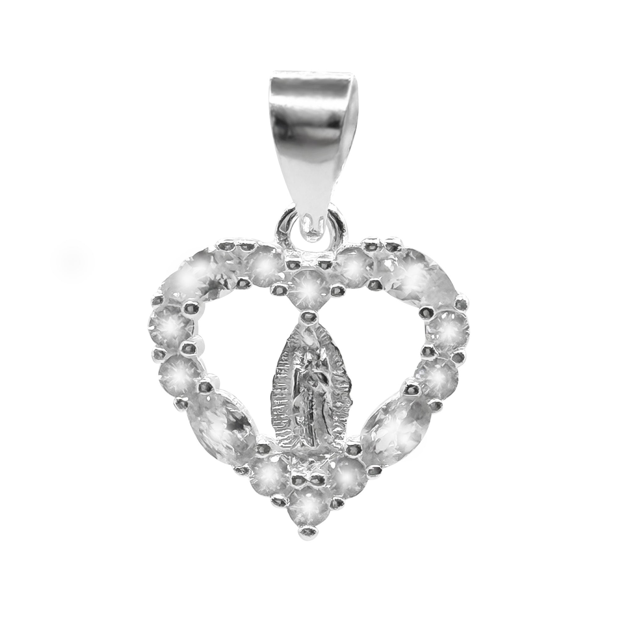 Dije Corazón con Virgen de Guadalupe y Circonias de 1.5cm Plata .925
