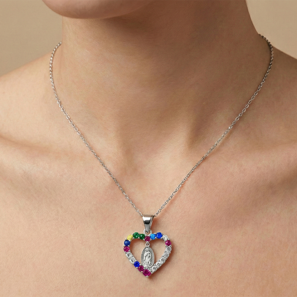 Dije Corazón con Virgen de Guadalupe y Circonias de 1.5cm Plata .925