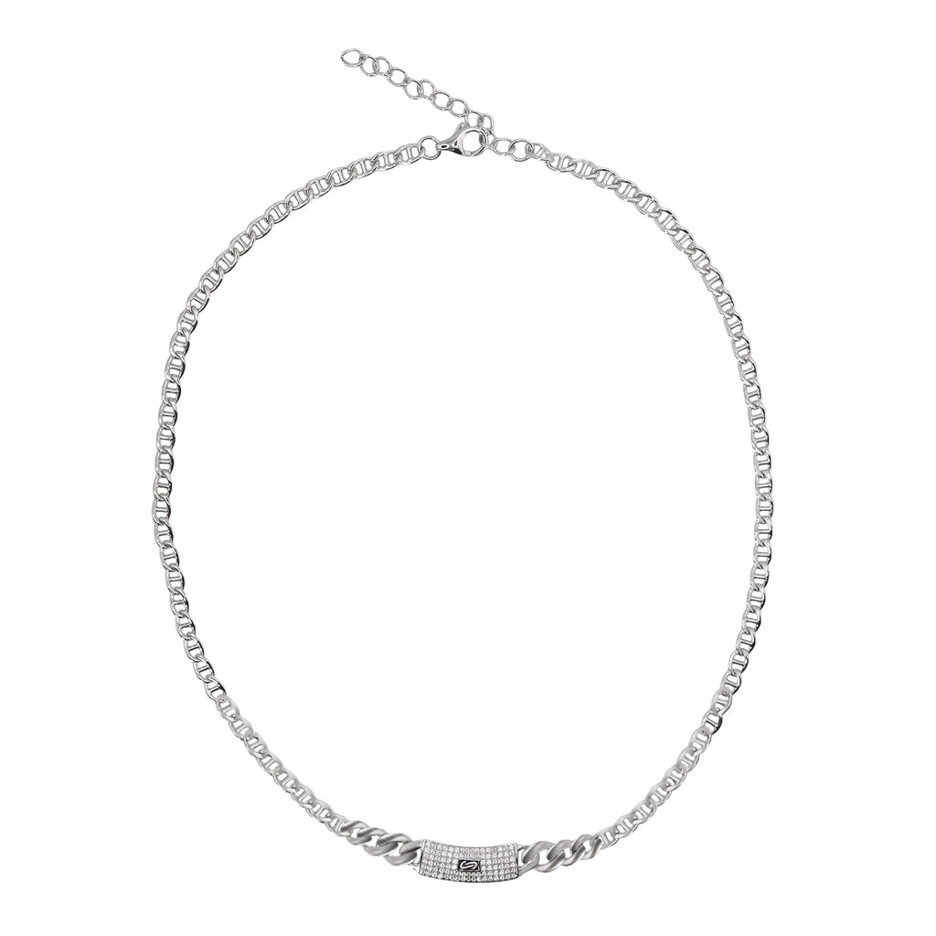 Collar Inspirado Mónaco 40 cm más Extensión a 45 cm, Circonias con Cadena Cubana en disminución y Cadena Gucci con Extensión. Plata 925 con Baño de Rodio