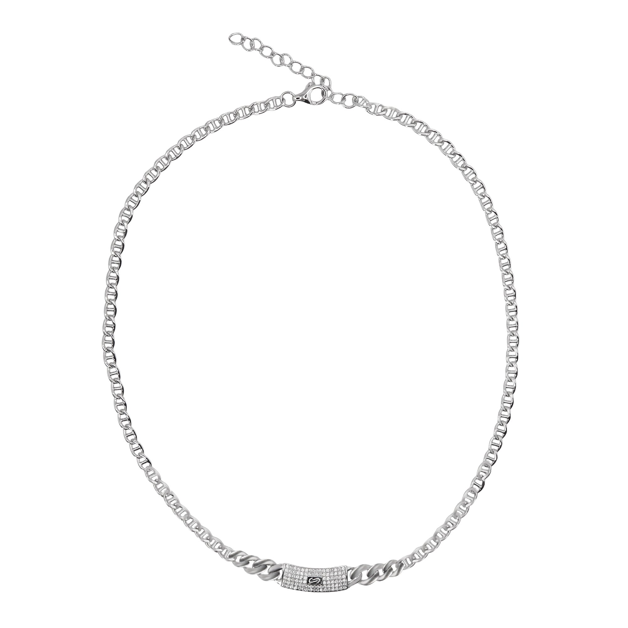 Collar Inspirado Mónaco 40 cm más Extensión a 45 cm, Circonias con Cadena Cubana en disminución y Cadena Gucci con Extensión. Plata 925 con Baño de Rodio