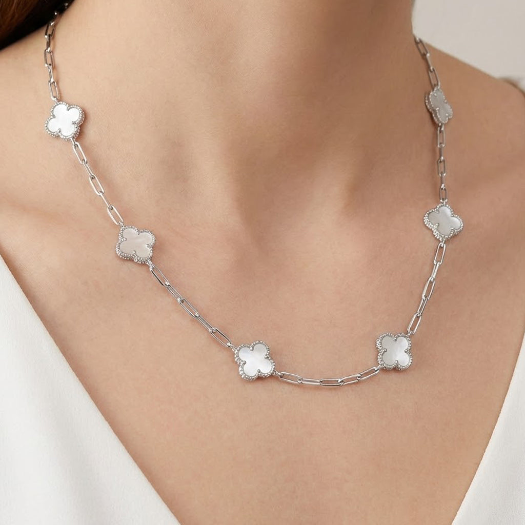 Collar Flores Inspirado Van C Piedras Naturales con Cadena Plaper Clip  Plata .925 con Baño de Rodio