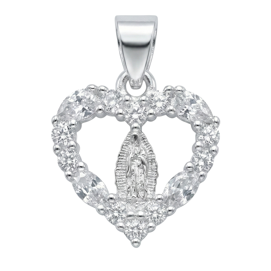 Dije Corazón con Virgen de Guadalupe y Circonias de 1.5cm Plata .925