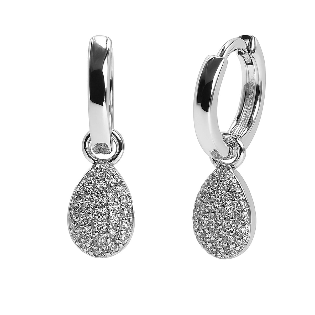 Arracada Huggies con Dije de Gota con Micro Circonias Plata .925 con Baño de Rodio