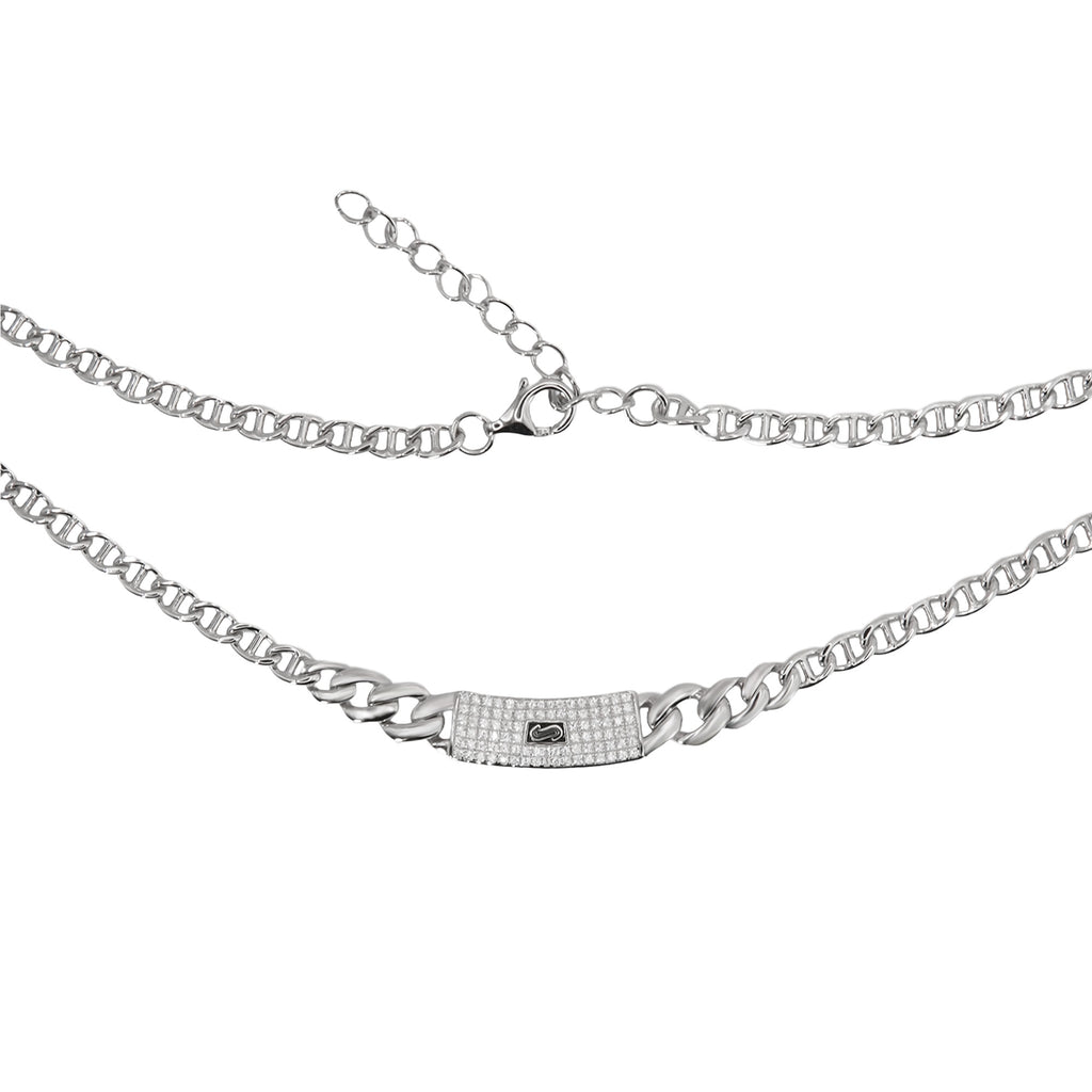 Collar Inspirado Mónaco 40 cm más Extensión a 45 cm, Circonias con Cadena Cubana en disminución y Cadena Gucci con Extensión. Plata 925 con Baño de Rodio