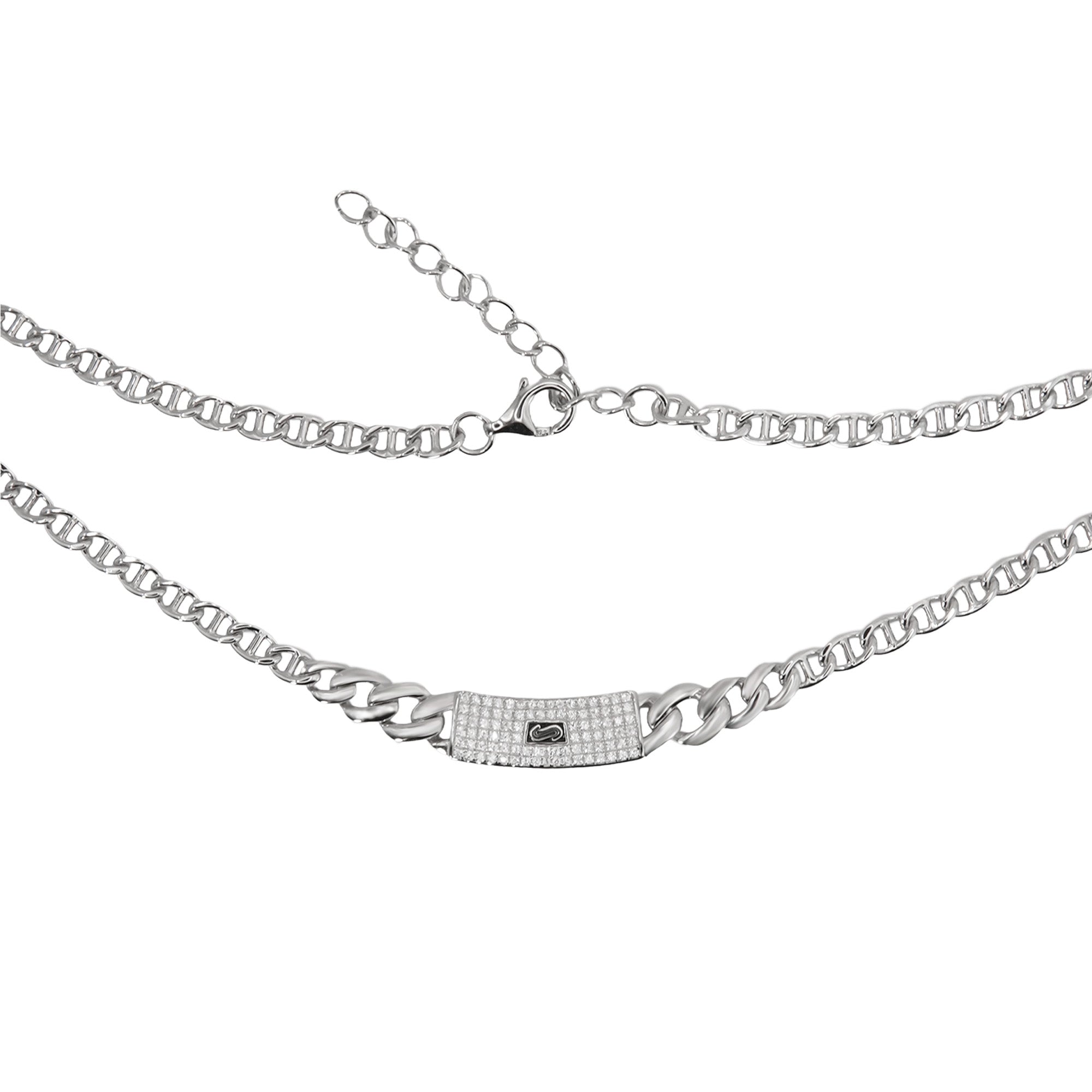 Collar Inspirado Mónaco 40 cm más Extensión a 45 cm, Circonias con Cadena Cubana en disminución y Cadena Gucci con Extensión. Plata 925 con Baño de Rodio