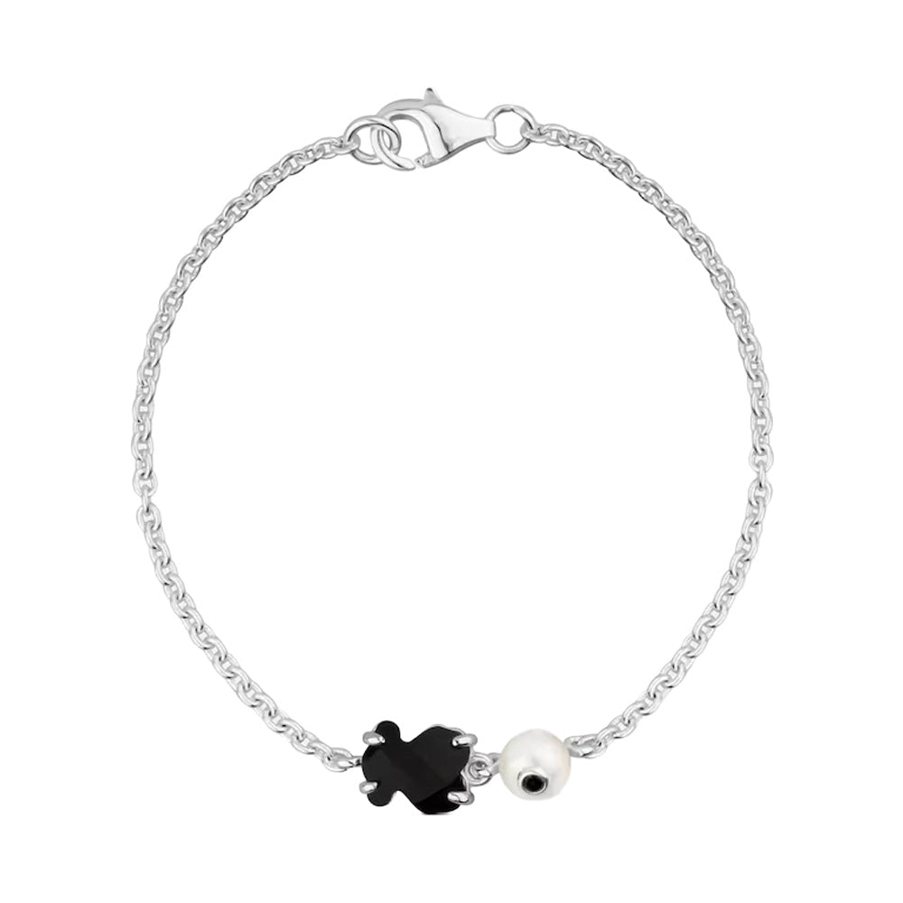 Pulsera Osos 1:1 Oso Onix y Perla Natural Plata .925 con Baño de Rodio