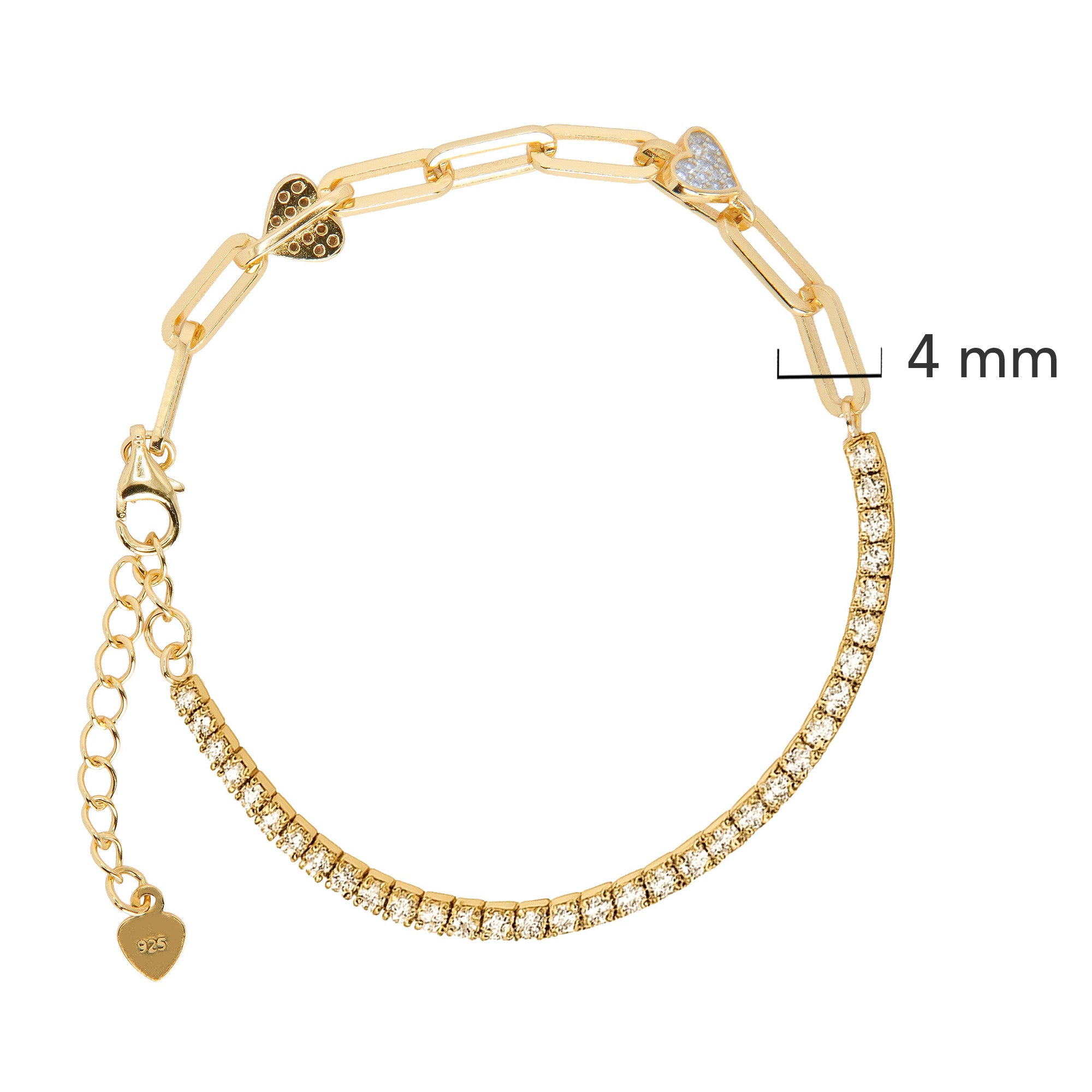 Pulsera con Circonias y Cadena Paper Clip con Corazón de Circonias con Baño de Oro Plata .925