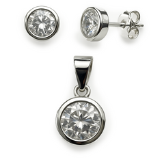 Juego Circonia Redonda con Dije de 8mm Plata .925 con Rodio