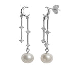 Arete Largo Perla con Luna y Circonias Plata .925
