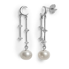 Arete Largo Perla con Luna y Circonias Plata .925