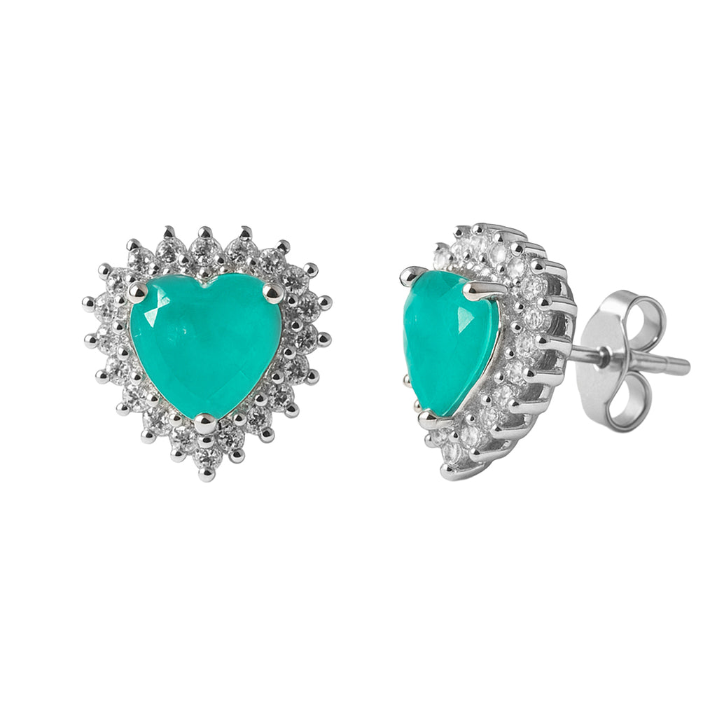 Arete Broquel Corazón 1.3 cm con Piedra Turmalina y Circonias Blancas, Plata .925 con Baño de Rodio.