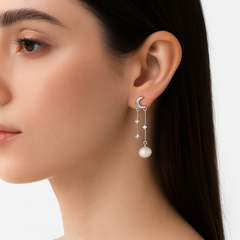 Arete Largo Perla con Luna y Circonias Plata .925