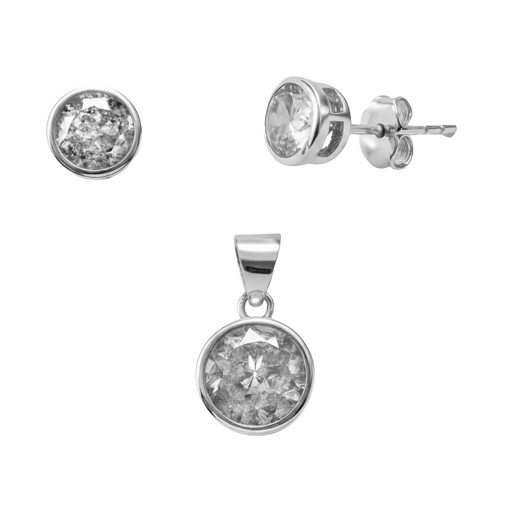 Juego Circonia Redonda con Dije de 8mm Plata .925 con Baño de Rodio