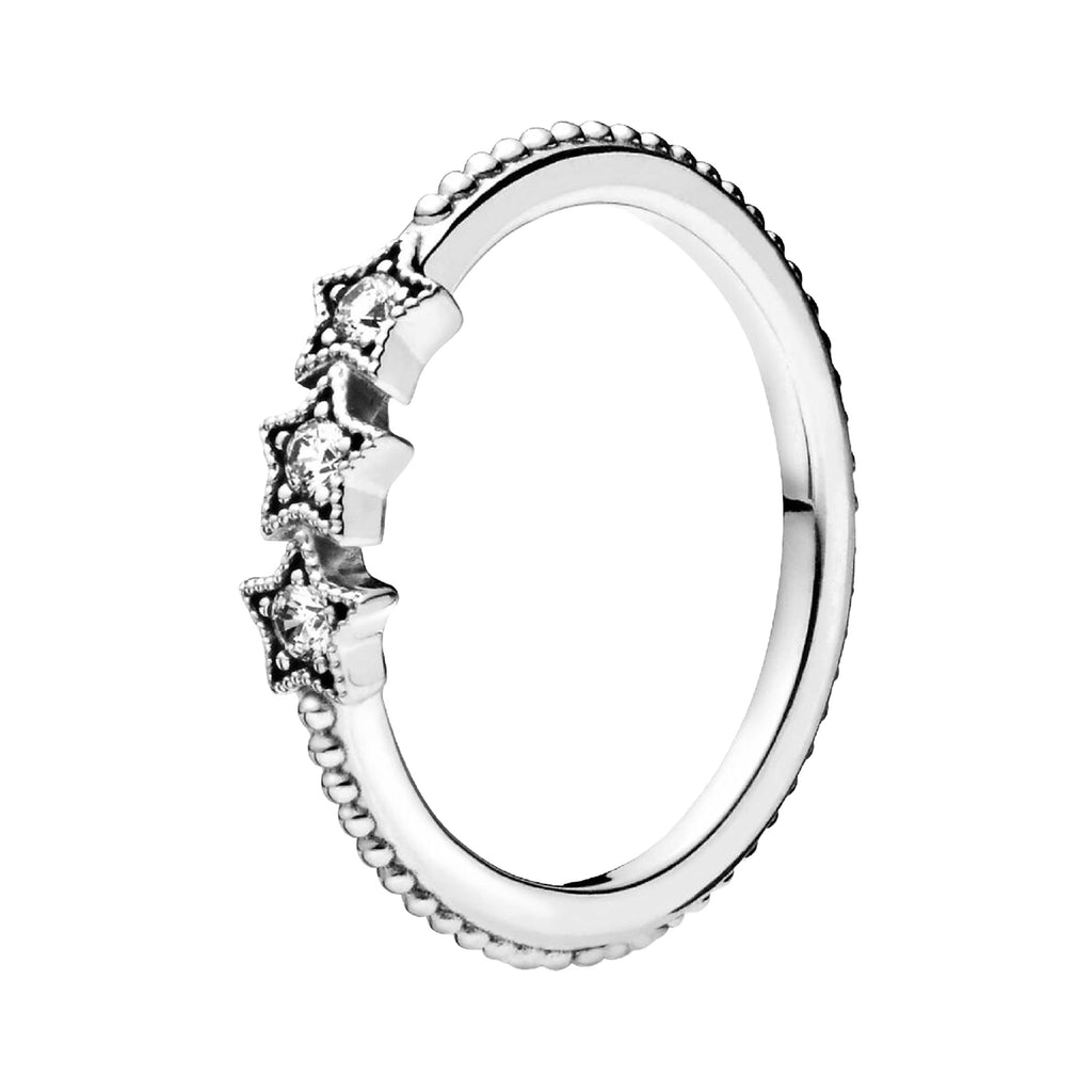 Anillo Inspirado Pan 1.1 3 Estrellas con Circonias Banda de Bolitas Plata .925