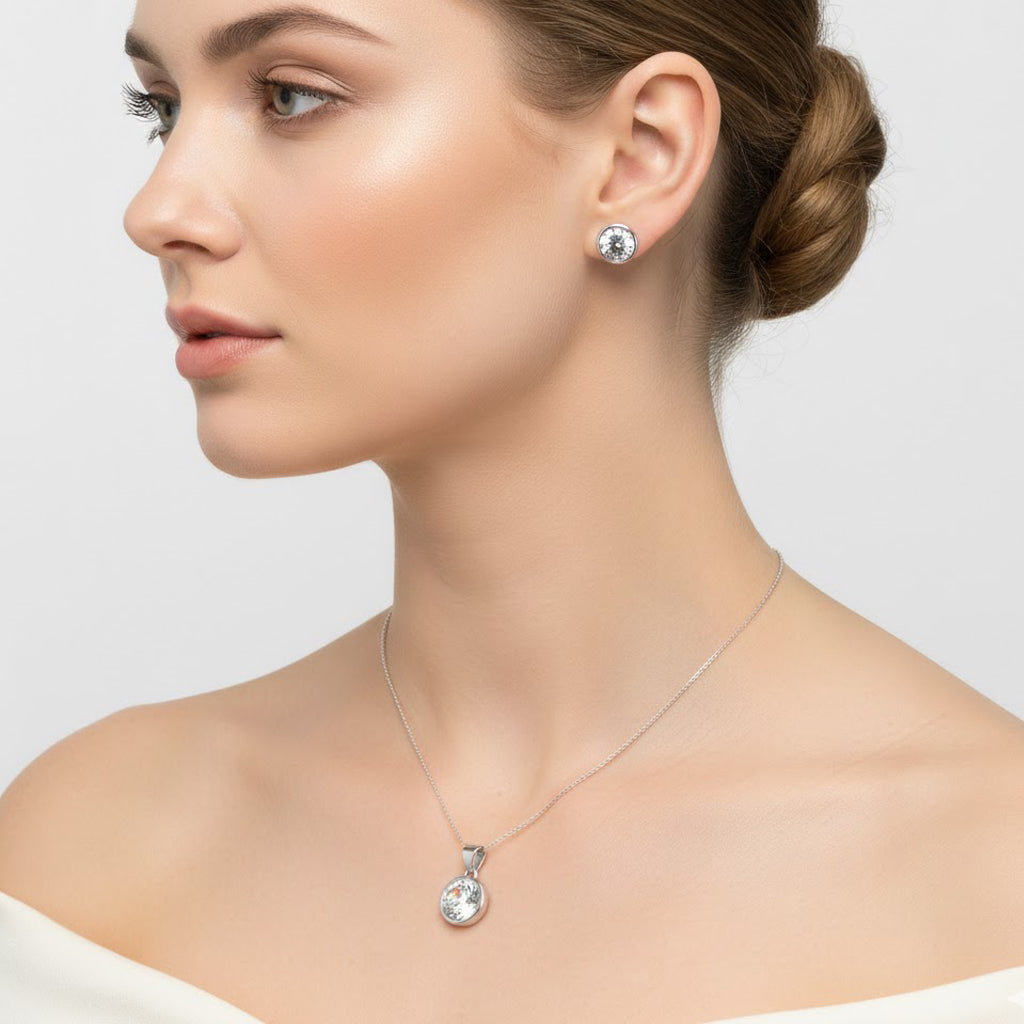 Juego Circonia Redonda con Dije de 7mm Plata .925 con Rodio