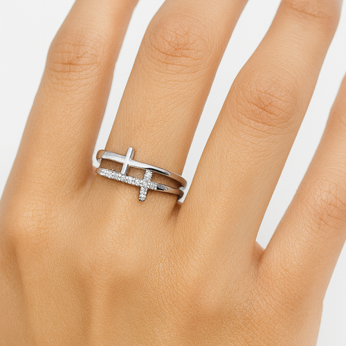 Anillo Doble Cruz Lisa y Micro Circonias Plata .925 con Baño de Rodio