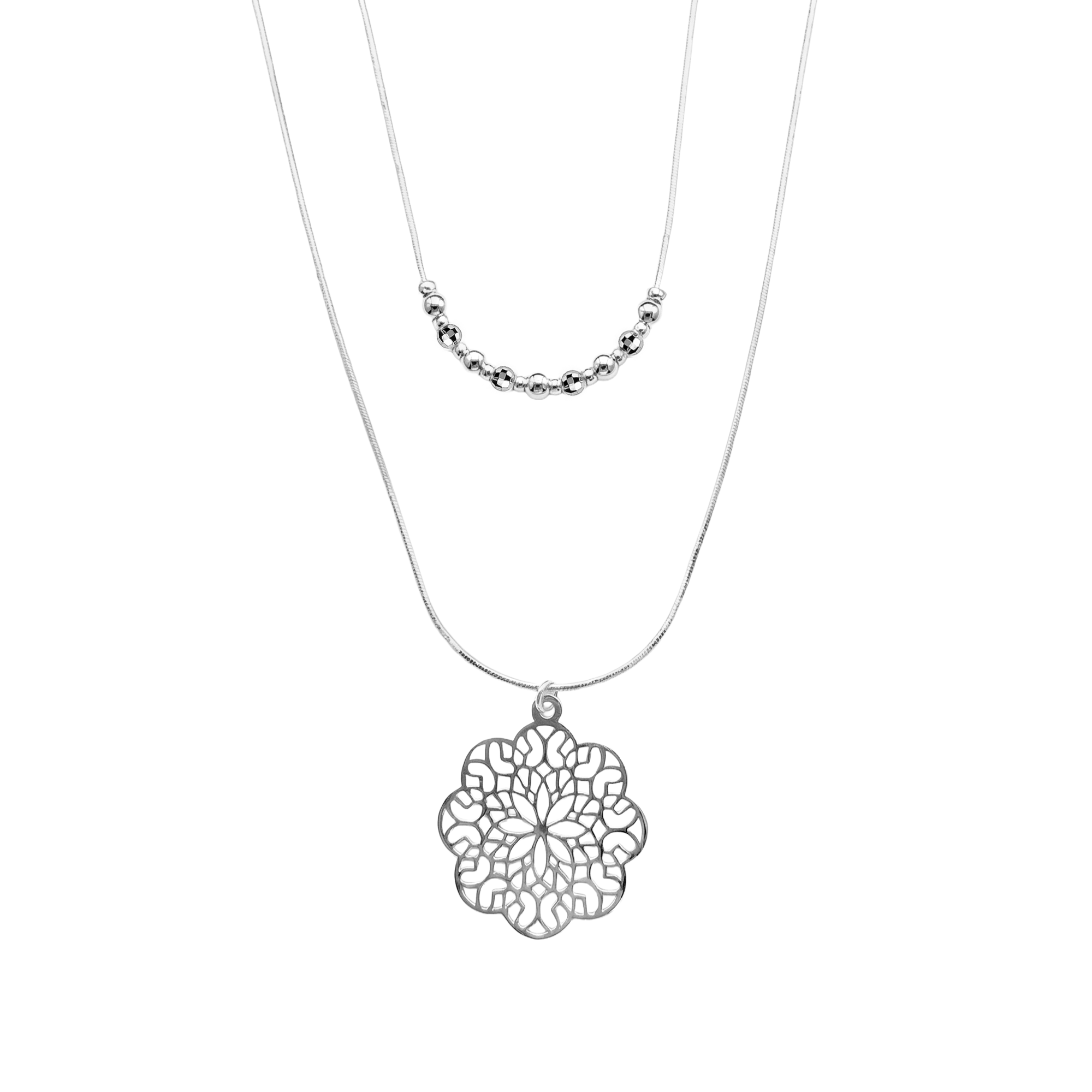 Collar Doble Dije Mandala con Bolitas y Cadena Cola de Rata Plata .925