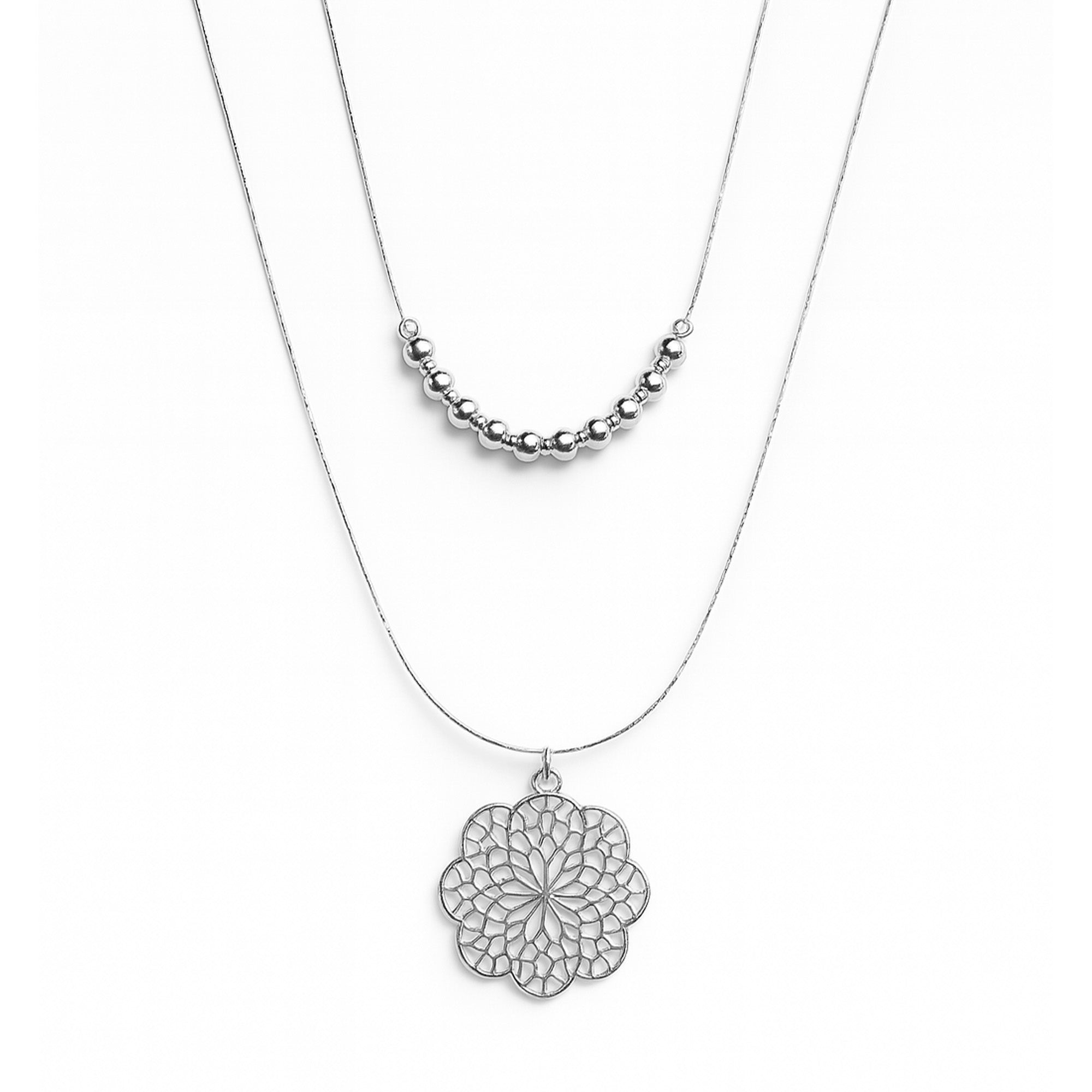 Collar Doble Dije Mandala con Bolitas y Cadena Cola de Rata Plata .925