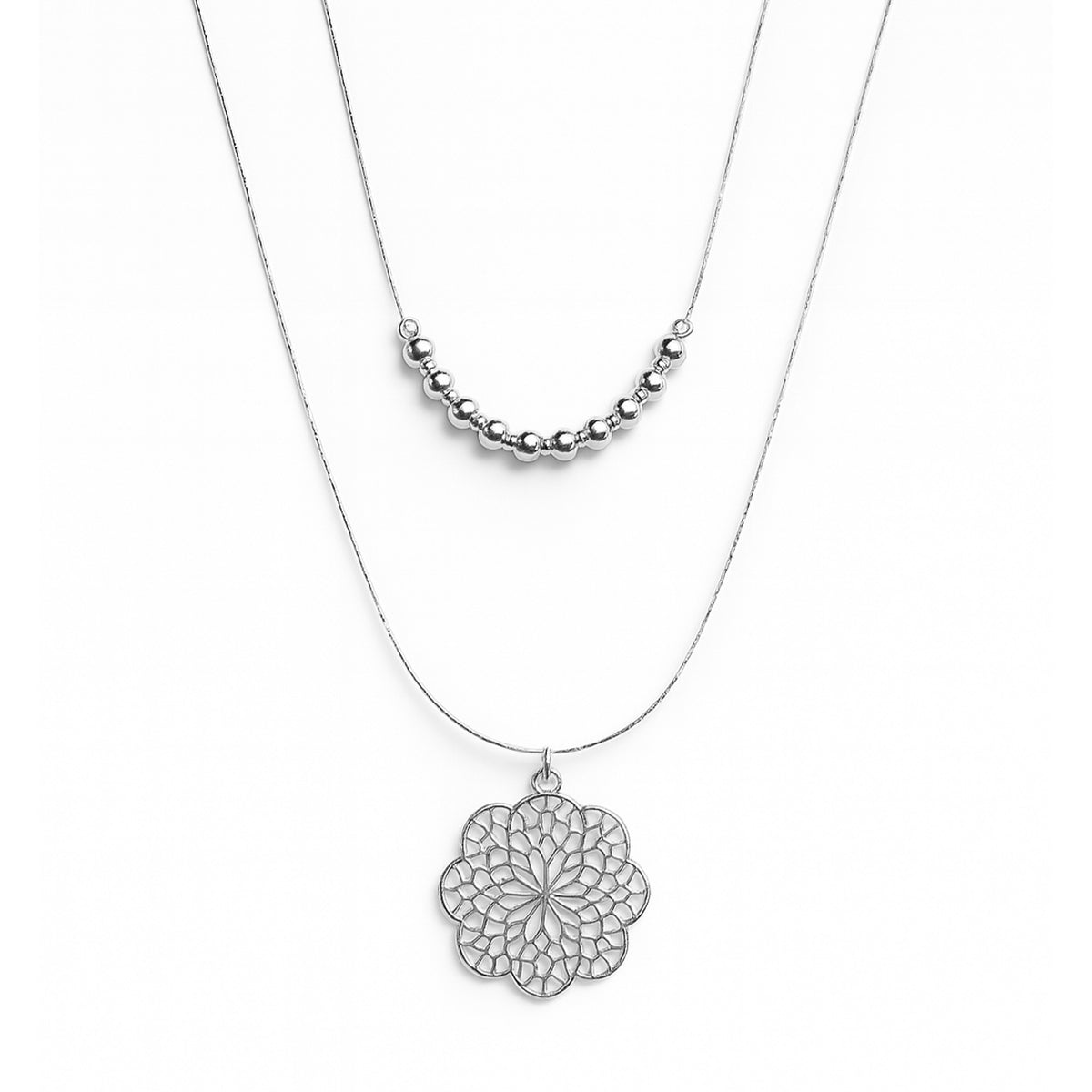 Collar Doble Dije Mandala con Bolitas y Cadena Cola de Rata Plata .925