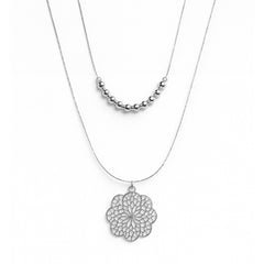 Collar Doble Dije Mandala con Bolitas y Cadena Cola de Rata Plata .925